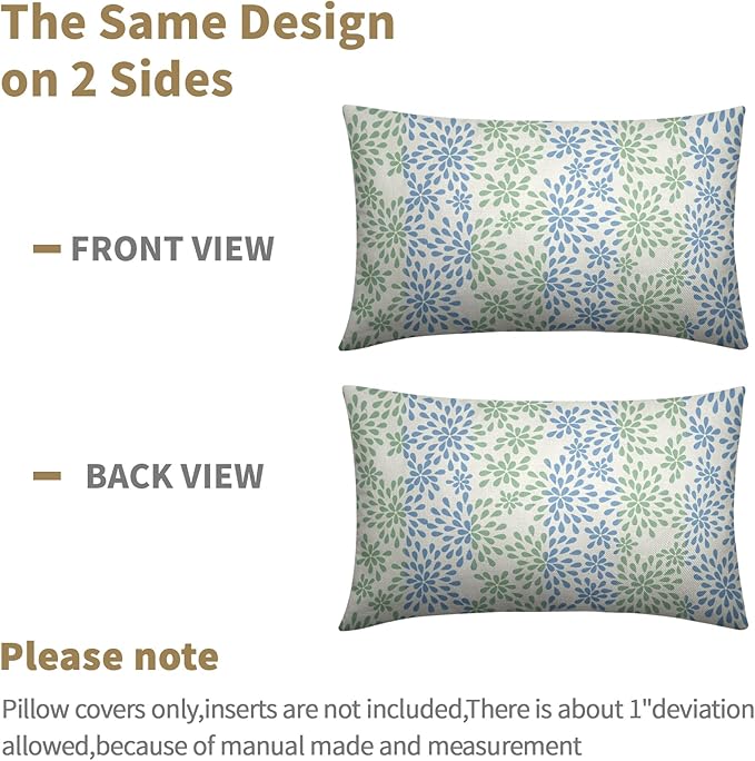 Blue Green Lumbar Pillow Covers 12x20 Set of 2 Modern Geometry Dahlia Floral Print Outdoor Decorative Linen Zipper Throw Pillows Cases Cushion Cover Rustic Decoration Farmhouse Sofa Couch Bed Decor