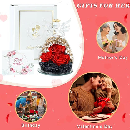 Beferr Valentines Day Rose Gifts for Her Women Mom Gifts for Birthday, Fresh Flowers for Delivery Prime Forever Preserved Rose in Glass Angel Figurine, for Grandma Wife Kids Daughter