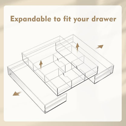 2 Pcs Acrylic Desk Drawer Organizer Maximum 12 x 18 x 2.1 Inch Expandable Drawer Organizer Trays with 8 Adjustable Compartments Desk Accessories for Makeup Silverware Office Bathroom