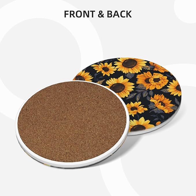 6 Pcs Ceramic Coasters with Holder Absorbent Drink Round Sunflower Style6 Design for Home Table Coffee Cup Wine Beer Bar,Size 4.4 inches
