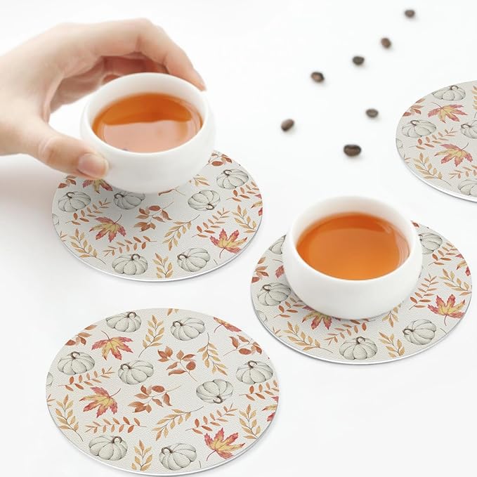 Fall Pumpkin and Leaves Coaster Set of 4 Autumn Cup Coasters for Drinks Thanksgiving Waterproof Wipeable PVC Round Coasters Mat for Coffee Beer Wine Outdoor Patio Table Bar Desk Seasonal Desk Decor