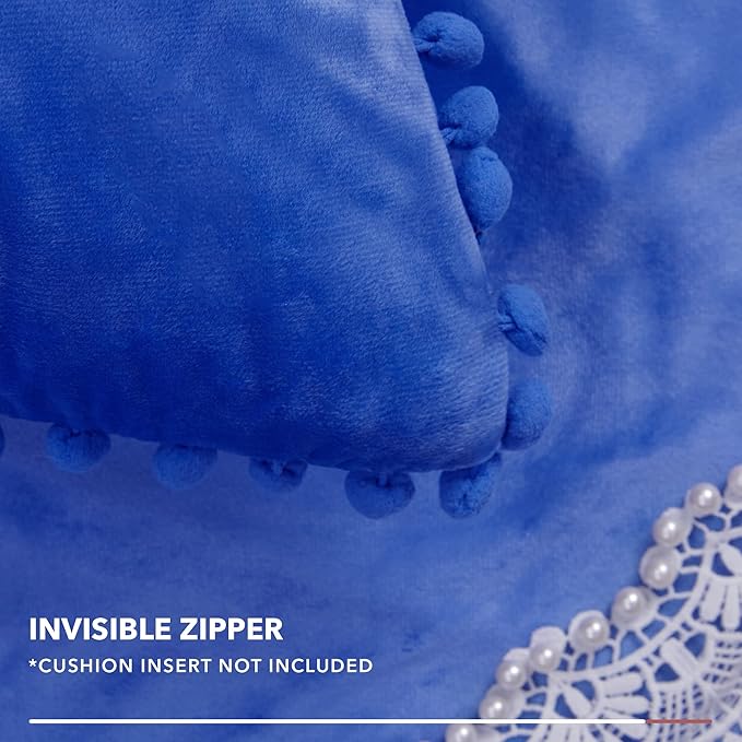 Deconovo Velvet Throw Pillow Covers, Set of 2, 26” x 26” Blue, Soft Square Pom-poms with Hidden Zipper Cover for Sofa Couch Car
