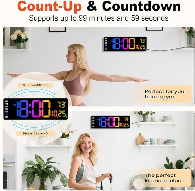 16" Large Digital Wall Clock,9 RGB Colors Digital Clock Large Display with Remote Control,Auto-Dimming,Countdown,Temp,Night Lights for Classroom,Living Room,House Warming, for Elderly