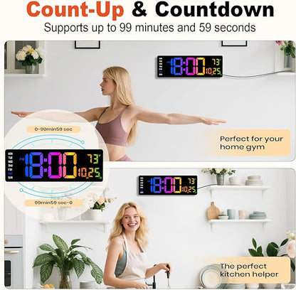 16" Large Digital Wall Clock,9 RGB Colors Digital Clock Large Display with Remote Control,Auto-Dimming,Countdown,Temp,Night Lights for Classroom,Living Room,House Warming, for Elderly