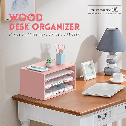 SUPEASY Wood Desk Organizer, 3 Tier Paper File Organizer for Desk, Wooden Desktop Organizer, Paper Letter Literature Mail Sorter, for Office School & Home Organization, Pink