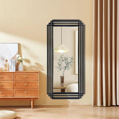 Black Rectangle Mirror, 47"x22" Art Deco Wall Mirrors with Geometric Metal Frame, Modern Elegant Mirror for Living Room Bathroom Bedroom Entryway Hallway, Hangs Vertically or Horizontally
