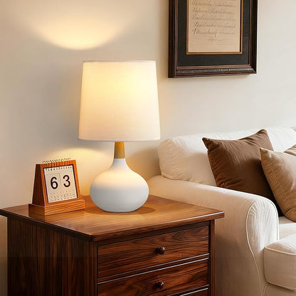 14" Ceramic Table Lamp Set of 2 with Natural Wood Stem & Linen Shade for Bedroom Decor,Modern Farmhouse Small Bedside Lamp for Nightstand, Living Room & Office (White)