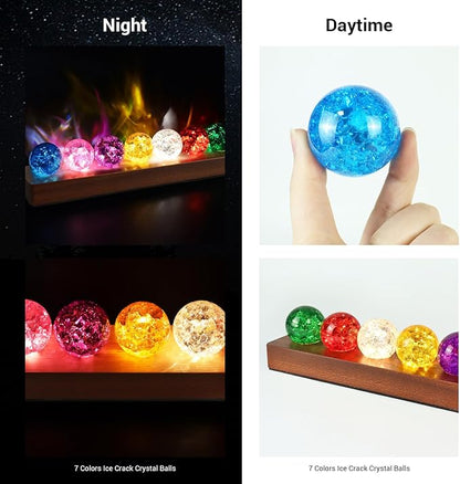 LOSCHEN 7 Colors Ice Cracked Balls, Core Memories Crystal Balls with LED Sapele Wood Base, Natural Healing Spheres Set for Home Living Room Meditation Positive Energy Decoration Balls