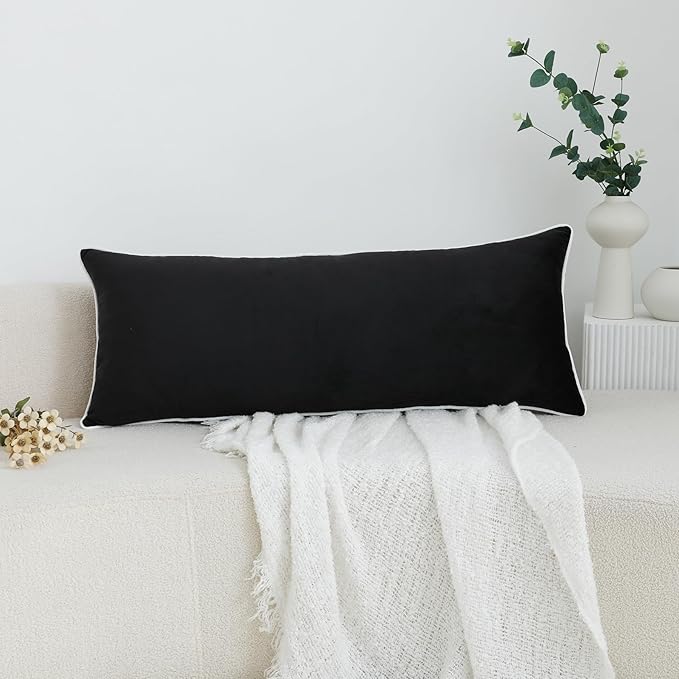 LIGICKY Long Lumbar Pillow Cover 16x36 inch Black Velvet White Rope Edging Throw Pillow Covers Decorative Rectangular Body Pillow Case Accent Textured Cushion Cover for Bed Couch(Cover Only)