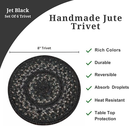 Homespice Jet Black Jute Braided Kitchen Trivets for Hot Dishes, Warm Primitive Decor, Set of 6, 8" Round Heat Resistant Mat - Rich Colors, Easy to Clean, Durable and Protects Furniture