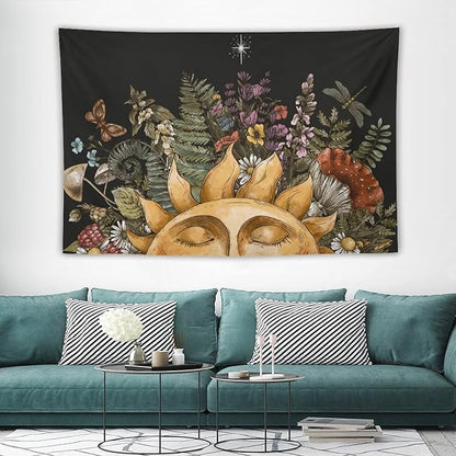 Vintage Sun Tapestry Wall Hanging,Hippie Boho Mushroom Floral Plant Tapestries for College Dorm Living Room Bedroom Decor(40"x60")