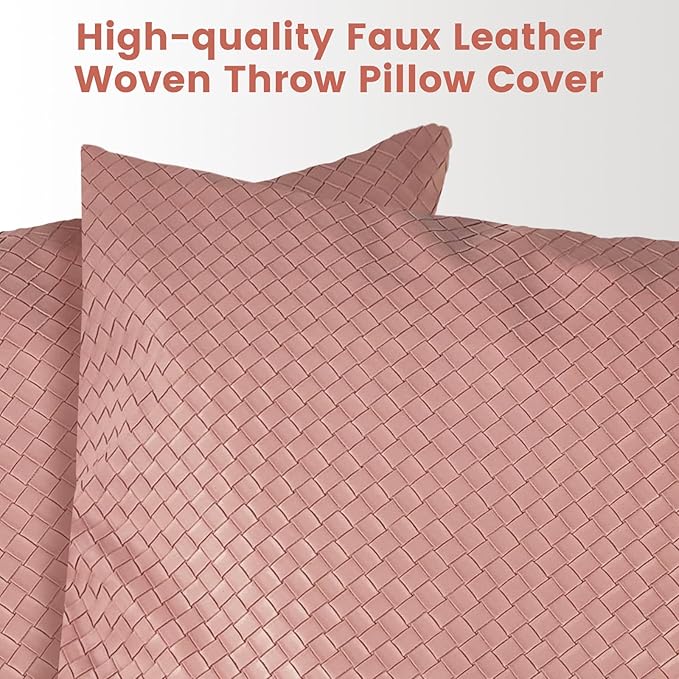 Faux Leather Throw Pillow Cover 18X18 Inch Set of 2 Woven Pink Outdoor Modern Farmhouse Solid Decorative Pillow Covers for Room Couch Living Bedroom Bed Sofa
