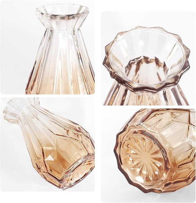 Vintage Gradient Amber Glass Bud Vase in Bulk 12, Rustic Small Flower Vases Set for Table, Mantel, Centerpieces, Wedding, Decorative Embossed Mini Vase Bottles for Home, Party, Baby Shower