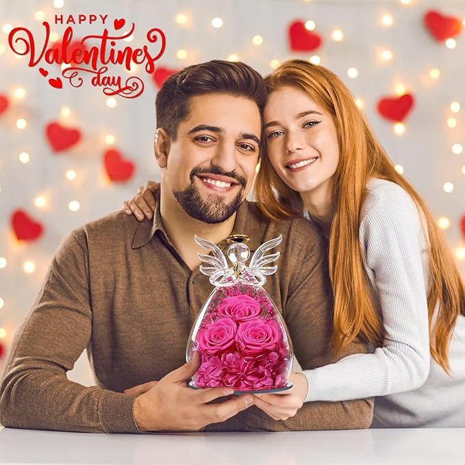 Beferr Valentines Day Rose Gifts for Her Women Mom Gifts for Birthday, Fresh Flowers for Delivery Prime Forever Preserved Rose in Glass Angel Figurine, for Grandma Wife Kids Daughter