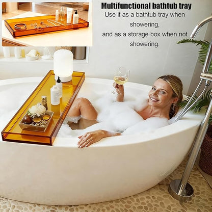Bathtub Tray Table, Clear Acrylic, Anti-Slip Bath Caddy, (Amber, L32.3″ x W7.87″ x H1.18″)