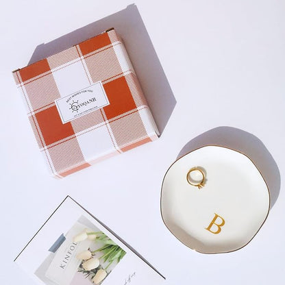 Ceramic Jewelry Tray Initial Ring Dish Personalized B-Monogrammed Engagement Wedding Gifts, for Birthday Mother's Day Christmas for Women, Ceramic White 4.75" (B)