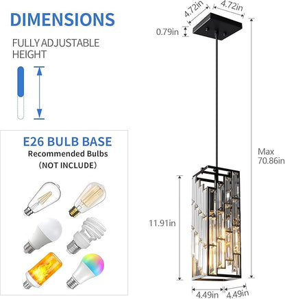 Black Pendant Lighting Modern Pendant Light, Mini Crystal Chandeliers,Adjustable Pendant Light Fixture for Kitchen Island Dinning Room Bedroom (3 Pack)