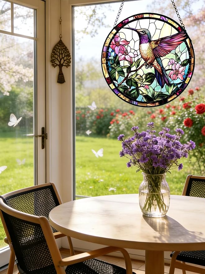 Stained Glass Window Hanging, Hummingbird Suncatcher for Door Home Decor, Birds Flowers Sun Catcher Ornament Mother's Day Birthday Gifts for Bird Lovers Women Men Mom 7.8 in
