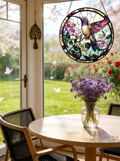 Stained Glass Window Hanging, Hummingbird Suncatcher for Door Home Decor, Birds Flowers Sun Catcher Ornament Mother's Day Birthday Gifts for Bird Lovers Women Men Mom 7.8 in