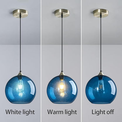 Blue Glass Pendant Lights Kitchen Island Lighting Globe Pendant Light Fixtures Modern Pendant Lighting for Kitchen Island Bedroom Living Dining Room Light Fixture(9.84in, 2-Pack)