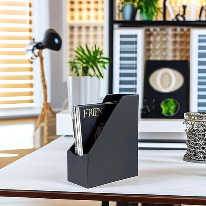 UnionBasic Magazine File Holder, Leatherette Desktop Document Organizer, Home Office Paper Holder File Storage Literature Sorter, Dark Grey
