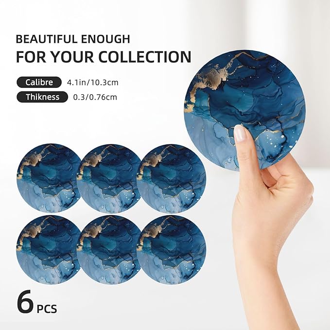 6 Pcs Ceramic Coasters with Holder Absorbent Drink Round Navy Blue Gold Marble Agate Style Design for Home Table Coffee Cup Wine Beer Bar,Size 4.4 inches
