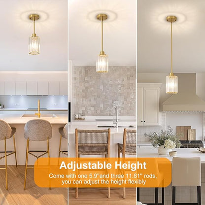 Crystal Pendant Lights, 3 Pack Brushed Gold Pendant Lights for Kitchen Island, Modern Mini Crystal Hanging Light Fixtures for Kitchen, Dining Room, Hallway, Foyer, Entryways