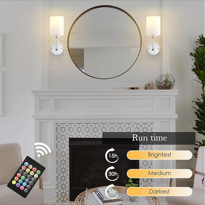 Battery Operated Wall Sconce Set of Two,Wireless Rechargeable Wall Light With Remote Control, Dimmable, 1800K/3000K/4000K/6000K/RGB, Timer, for Living Room, Bedroom, Fireplace, TV, 13.5 Inch, Chrome