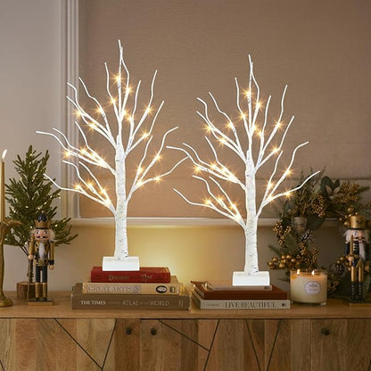PEIDUO Christmas Decorations Indoor, 2 FT Birch Tree with LED Lights, Fairy Light Spirit Tree for Christmas Decor, Warm White Lighted Birch Trees for Home Decor Indoor, Battery Powered, Timer (2PK)