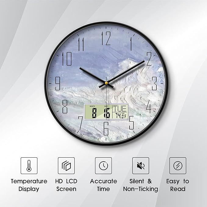 Digital Wall Clock Battery Operated with Day and Date Temperature Blue White Wave Calendar Clock with Large Display Silent for Room Bathroom Bedroom Living Room Farmhouse Decor 14 Inch
