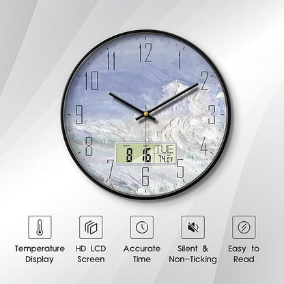 Digital Wall Clock Battery Operated with Day and Date Temperature Blue White Wave Calendar Clock with Large Display Silent for Room Bathroom Bedroom Living Room Farmhouse Decor 12 Inch