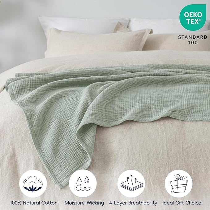 PHF 100% Cotton Muslin Throw Blanket 50" x 60", 4-Layer Lightweight Gauze Throw, Breathable Cloud-Soft Minimalist Blanket for Bed, Couch, Camping & Baby, Sage Green, Ideal Gift