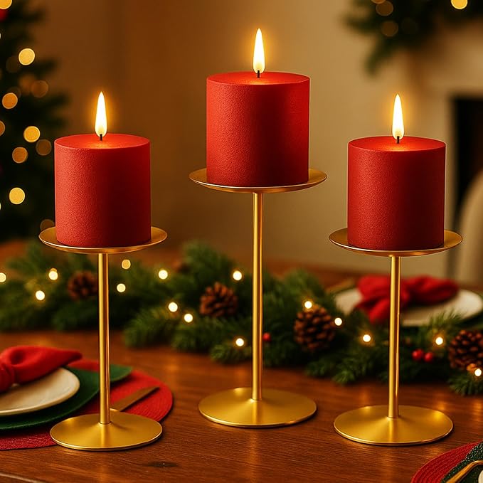 smtyle Gold Metal Cast Iron Candleholder Sets for Pillar Candles, Set of 3 Wedding Table Centerpiece Candle Holders, Minimalist Farmhouse Decor for Fireplace Mantel & Dining Room