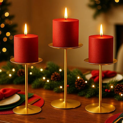 smtyle Gold Metal Cast Iron Candleholder Sets for Pillar Candles, Set of 3 Wedding Table Centerpiece Candle Holders, Minimalist Farmhouse Decor for Fireplace Mantel & Dining Room