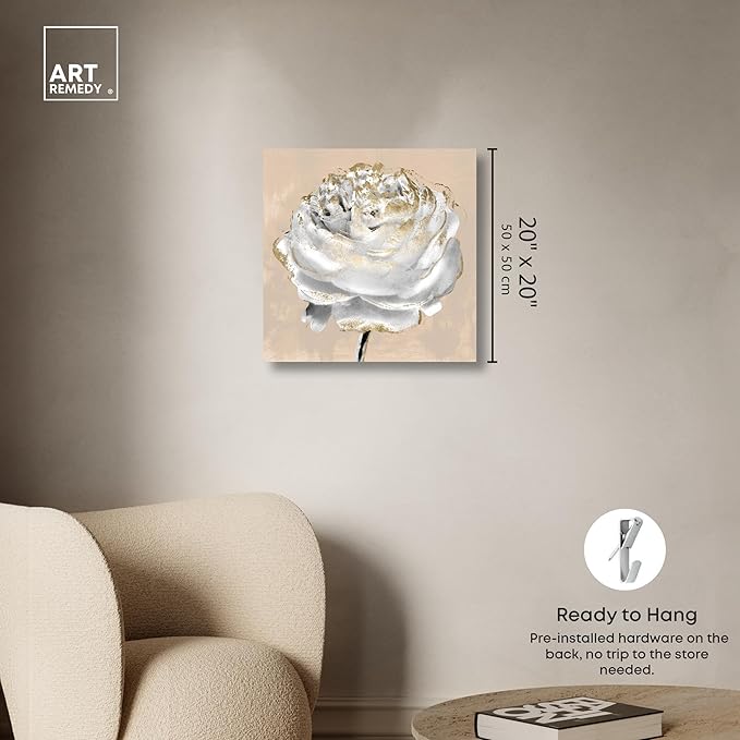 Art Remedy Beige Ranunculus Canvas Elegant White Gold Wall Art, Gallery Wrapped, 20" x 20"