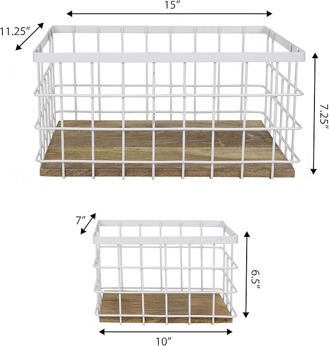 happimess BSK3004B-3SET Evvie Vintage Farmhouse Wire Metal Nesting Storage Baskets with Wood Base for Shelves, Cabinets, Pantry, Countertop, Mesh Open Bin Basket, White/Natural (Set of 3)