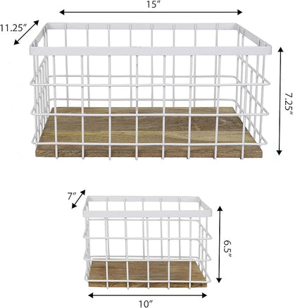 happimess BSK3004B-3SET Evvie Vintage Farmhouse Wire Metal Nesting Storage Baskets with Wood Base for Shelves, Cabinets, Pantry, Countertop, Mesh Open Bin Basket, White/Natural (Set of 3)