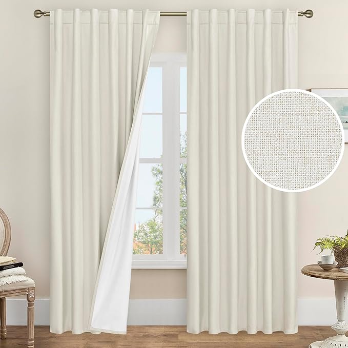 LAMIT 100% Blackout Curtains for Bedroom, 90 Inch Linen Textured Thermal Insulated Living Room Curtains Back Tab and Rod Pocket Farmhouse Neutral Panels with White Liner, 2 Panels, 52 x 90 Inch, Ivory