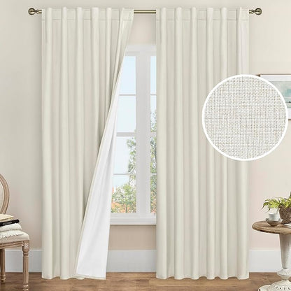 LAMIT 100% Blackout Curtains for Bedroom, 90 Inch Linen Textured Thermal Insulated Living Room Curtains Back Tab and Rod Pocket Farmhouse Neutral Panels with White Liner, 2 Panels, 52 x 90 Inch, Ivory