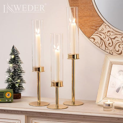 Hurricane Taper Candle Holders: Gold Glass Candlestick Holder Tall Candle Sticks Holder Decor with Glass Cover for Wedding Table Centerpiece Party Birthday Christmas Home Mantel Set of 3