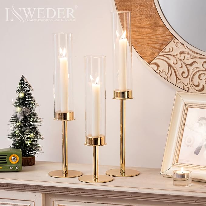 Gold Candle Holders for Candlesticks - Taper Candle Holders with Removable Glass, Tall Brass Candlestick Holders, Candle Stand Candle Sticks Long Holder for Table Centerpiece, Wedding, 30Pcs