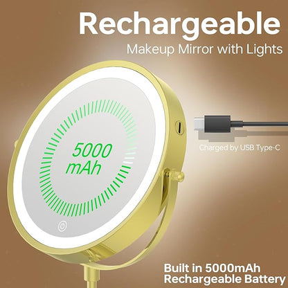 9" Lighted Makeup Mirror with 1X 10x Magnification, 5000mAh Rechargeable Magnifying Vanity mirror with lights, 3 Lighting Color, Dimmable and Height Adjustable Cordless Cosmetic Mirror (10X Gold)