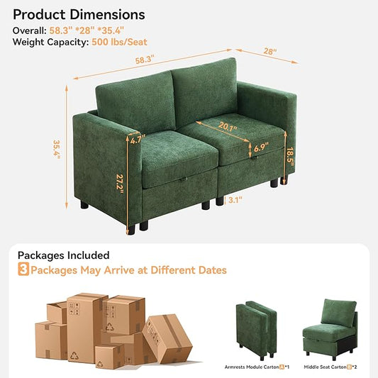 58”Modular Sectional Loveseat Sofa, Modern Love Seat 2 Seater Sofa Couch with Storage, Chenille Modular Sectional Couch for Living Room, Bedroom, Office, Small Apartment, Dark Green