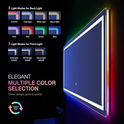 LOAAO 60X28 RGB LED Bathroom Mirror with Lights, Large, Anti-Fog, Dimmable Lighted Bathroom Vanity Mirror, Colorful Multiple Light Modes, RGB Backlit + Front Light, Memory Function