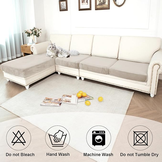 NAISI Waterproof Couch Cushion Covers Thick Velvet Fabric Washable Sofa Slipcovers Sectional Couch Covers for 4 Pieces Separate L Shape Couch Cover with Elastic Bottom(3 Seater + 1 Chaise,Light Taupe)