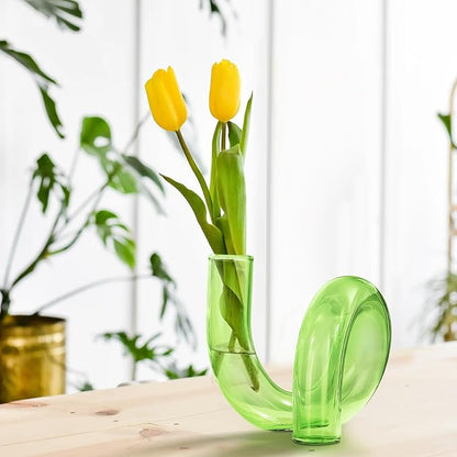 Joeyan Handmade Small Green Glass Flower Vase,Decorative Geometric Glass Bud Vase for Modern Home Centerpieces Living Room Office,4.72" Abstract Vase for Single Flower and Dry Flowers