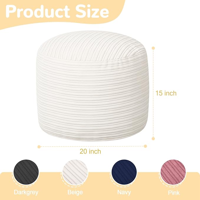 MeMoreCool Stuffed Round Pouf Ottoman Foot Rest, Soft Plush Floor Pouf Foot Stool, Corduray Footstool Footrest, Small Round Ottoman for Living Room Couch Sofa Chair, 20x15 Inch Beige