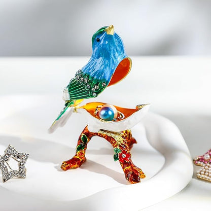 YU FENG 3.1inch Blue Bird on a Branch Trinket Box Small Hinged Trinket Boxes Bird Enamel Jewelry Trinket Box Animal Figurine Ring Box Christmas Gift for Daughter Girl Women