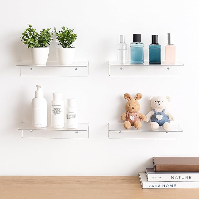 4 Pack 12 Inch L-Shaped Acrylic Floating Shelf Clear Wall Mounted Shelves Invisible 4.3MM Thick Shelf for Wall Storage Clear Shelves for Makeup Photo Picture Book Record Display