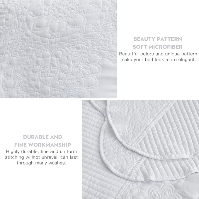 HZ & HY Oversized King Bedspread, Quilted Coverlet Bedding Set, Lightweight Thin Comforter, Reversible, 5 Piece, 100% Microfiber, White